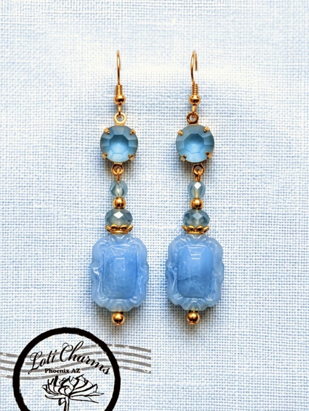 Victorian Milky Blue W/ Glowing Swarovski Crystal In Gold Plated Earrings